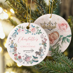 Fairytale Alice in Wonderland 1st Christmas Photo Ceramic Ornament<br><div class="desc">Vintage Alice in Wonderland fairytale baby girl's first Christmas ornament. The design features an elegant frame design with Alice in Wonderland characters, the mad hatter, Alice, the white rabbit, florals, butterflies, and fairytale tea party elements framing around the ornament. Personalize with the baby's name, your text, and year. The ornament's...</div>