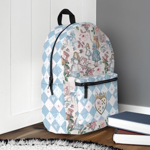 Fairytale Alice in Wonderland Characters Monogram Printed Backpack