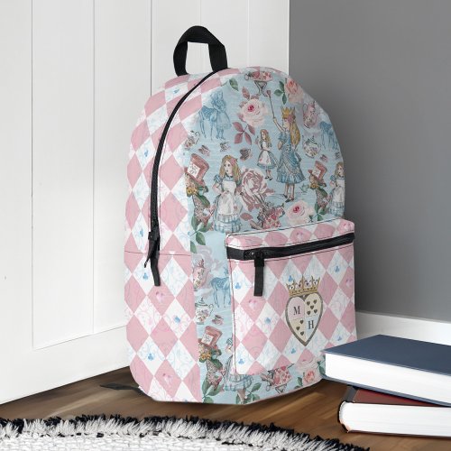 Fairytale Alice in Wonderland Characters Monogram Printed Backpack