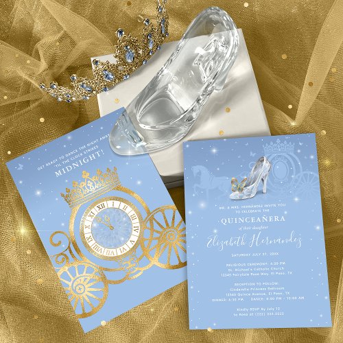 Fairytale Baby Blue Gold Cinderella Quinceanera Invitation