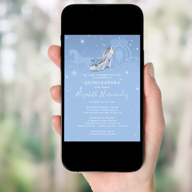 Fairytale Baby Blue Silver Cinderella Quinceanera Invitation (Front Digital)