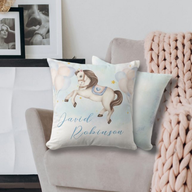 Fairytale baby boy Pony Blue balloons stars Throw Pillow (Creator Uploaded)