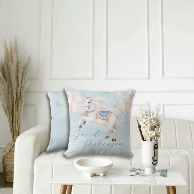 Fairytale baby boy Pony Blue balloons stars Throw Pillow (Creator Uploaded)