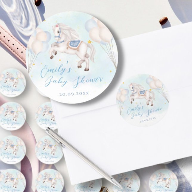 Fairytale baby Pony Blue balloon star Shower Classic Round Sticker (Creator Uploaded)