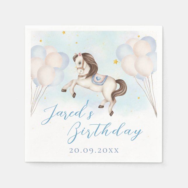 Fairytale baby Pony Blue balloons star Birthday Napkins (Front)