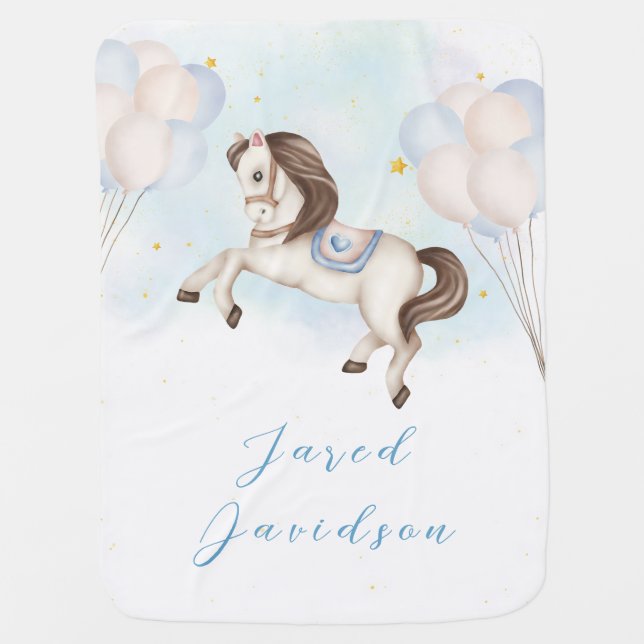 Fairytale baby Pony Blue balloons stars Nursery Baby Blanket (Front)