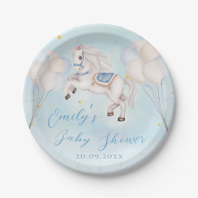 Fairytale baby Pony Blue balloons stars Shower Paper Plates (Front)