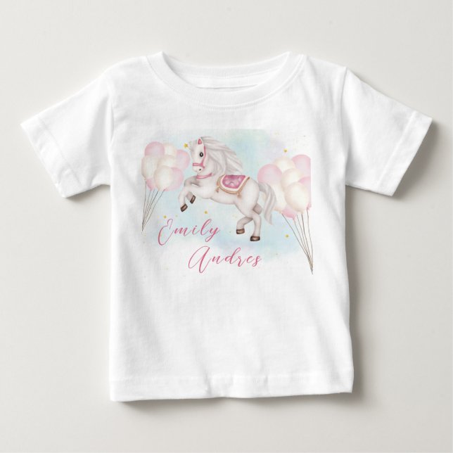 Fairytale baby Pony pink balloon Birthday girl T-Shirt (Front)