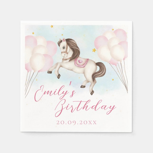 Fairytale baby Pony pink balloons star Birthday Napkins (Front)