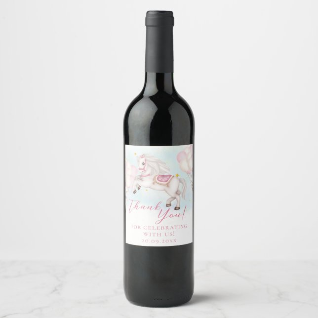 Fairytale baby Pony pink balloons stars Celebrate Wine Label (Front)