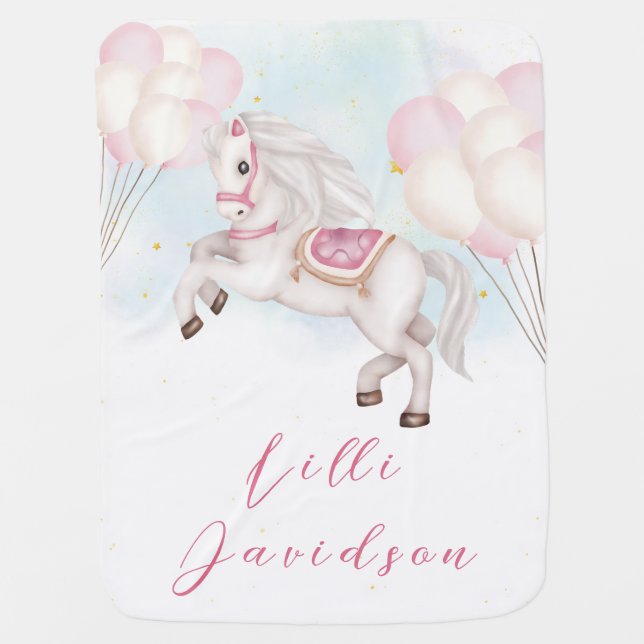 Fairytale baby Pony pink balloons stars Nursery Baby Blanket (Front)