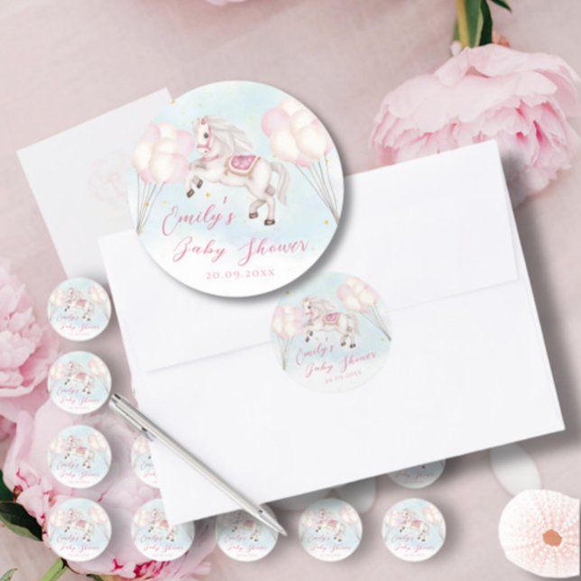 Fairytale baby Pony pink balloons stars Shower Classic Round Sticker (Creator Uploaded)