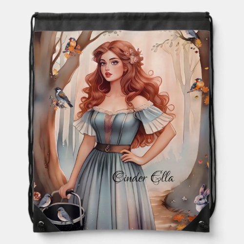 Fairytale Blue Brown Watercolor Cinder Ella Drawstring Bag