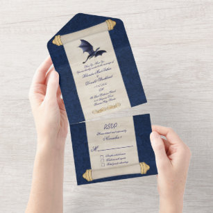 Fairytale Blue Dragon Scroll Wedding  All In One Invitation