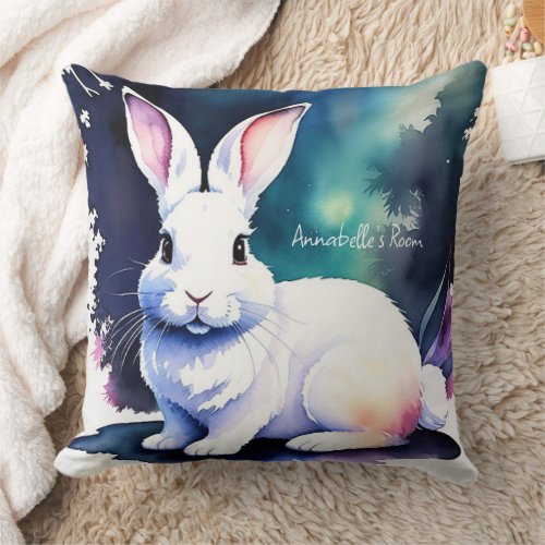 Fairytale Blue Watercolor Bunny Throw Pillow