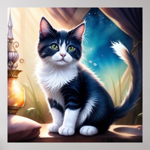 Fairytale Blue Watercolor Kitten Poster