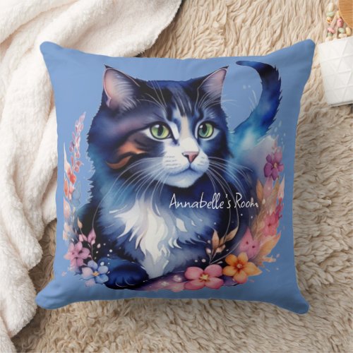 Fairytale Blue Watercolor Kitten Throw Pillow