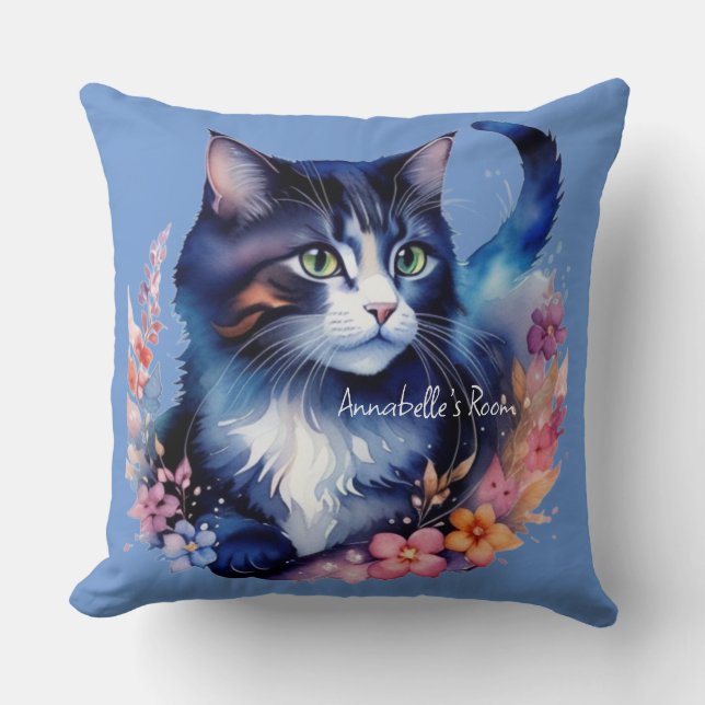 Fairytale Blue Watercolor Kitten Throw Pillow (Front)