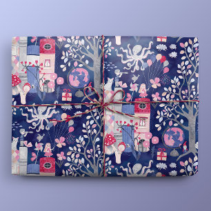Fairytale Books and Magical Creatures Blue Wrapping Paper