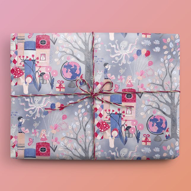 Fairytale Books and Magical Creatures Gray Wrapping Paper (Gift Mockup)