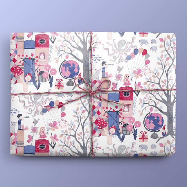 Fairytale Books and Magical Creatures White Wrapping Paper (Gift Mockup)