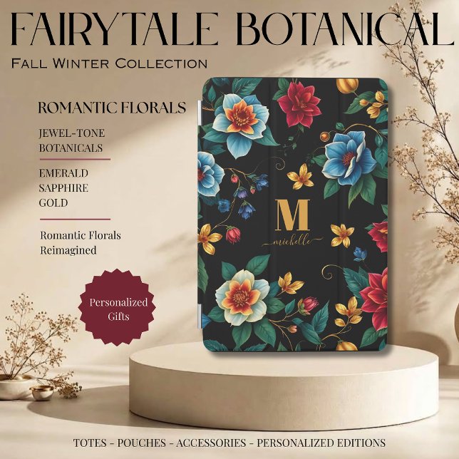 Fairytale Botanical Pattern Monogram Script iPad Mini Cover (Fairytale Botanical Pattern Monogram Script Florals with Vines Jewel Tones Emerald Sapphire Gold )