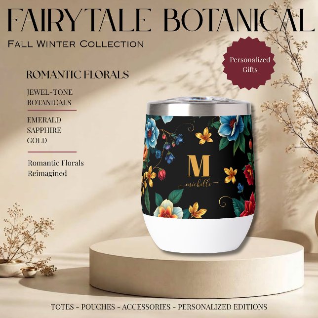Fairytale Botanical Pattern Monogram Script Thermal Wine Tumbler (Fairytale Botanical Pattern Monogram Script Florals with Vines Jewel Tones Emerald Sapphire Gold )