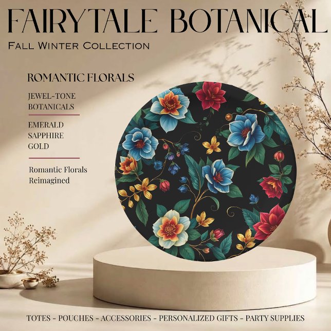 Fairytale Botanical Pattern  Paper Plates (Fairytale Botanical Pattern Monogram Script Florals with Vines Jewel Tones Emerald Sapphire Gold )