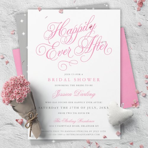 Fairytale Bridal Shower Invitations in Pink  Gray