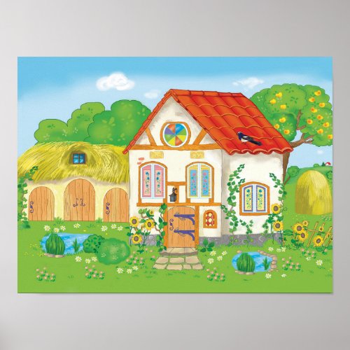 fairytale cartoon house with red roof and patio poster