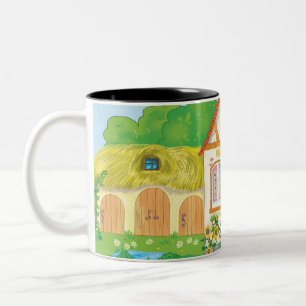 fairytale cartoon house with red roof and patio Two-Tone coffee mug