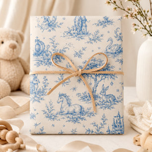 Fairytale Castle and Unicorn Blue Toile Wrapping Paper Sheets