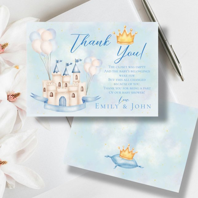 Fairytale castle crown blue balloons boy thank you card (See more products in collection )