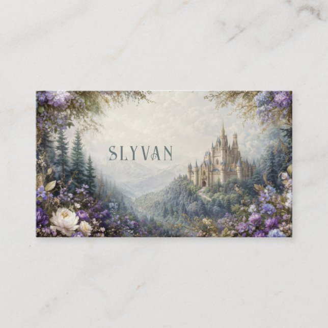 Fairytale Castle Floral Purple Mountain Valley Business Card (Front)