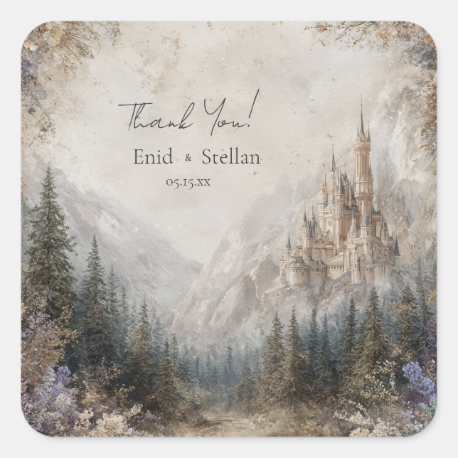 Fairytale Castle Mountain Forest Elegant Wedding Square Sticker (Front)