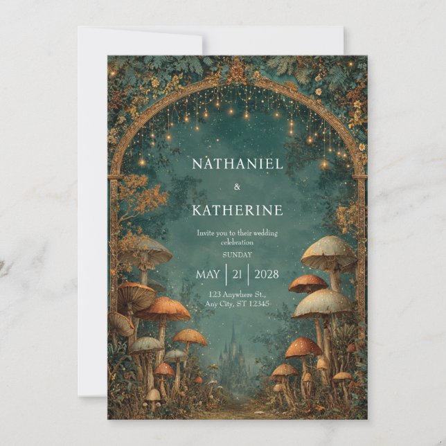Fairytale Castle Mushroom Archway Gold Lantern Invitation (Front)