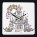 Fairytale Castle Princess Custom Name   Square Wall Clock<br><div class="desc">Every girl deserves her own fairy-tale story. Featuring cute castle and rainbow with bird and glass sliper. Easy customization of your princess name and font using the "Personalization button". You can also "Transfer design to a product" on other Zazzle products and adjust the design to fit most Zazzle items. Check...</div>