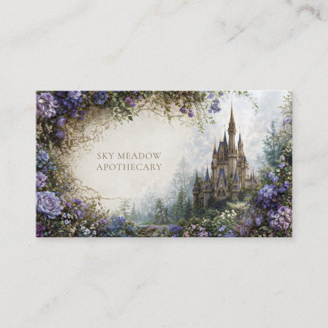 Fairytale Castle Purple Blue Floral Mountain Business Card (Front)