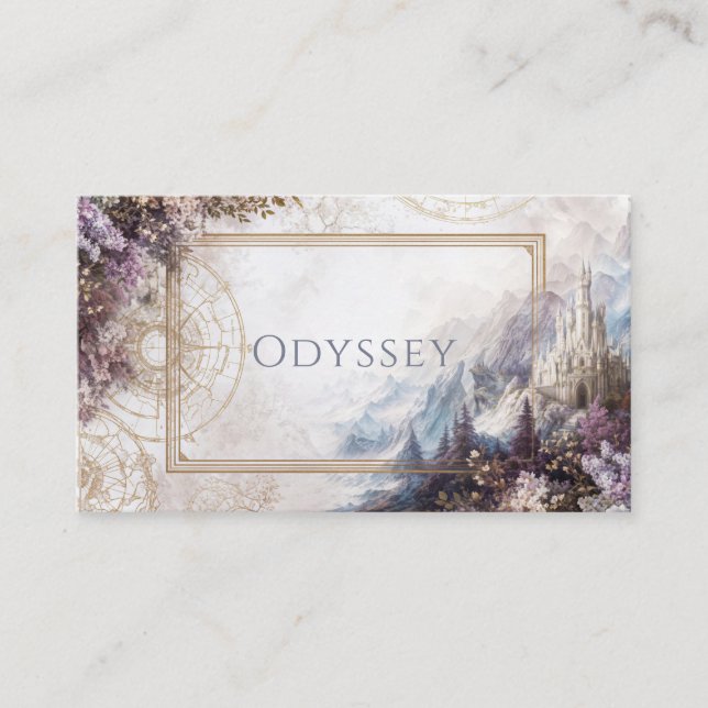 Fairytale Castle Purple Floral Gold Compass Business Card (Front)