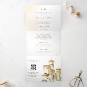 Fairytale castle QR code story book wedding Tri-Fold Invitation