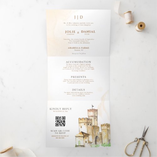 Fairytale castle QR code story book wedding  Tri_Fold Invitation