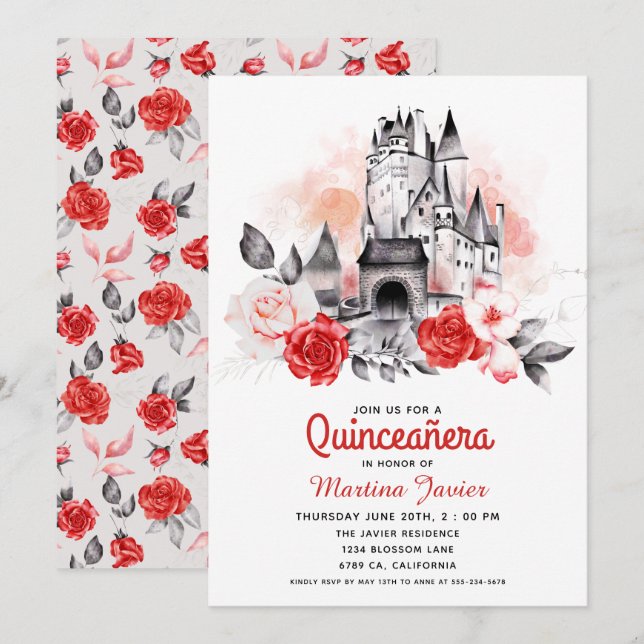 Fairytale Castle Quinceañera Red Rose15th Birthday Invitation (Front/Back)
