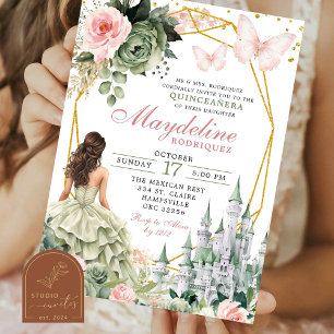 Fairytale Castle Sage Green and blush pink Floral Invitation
