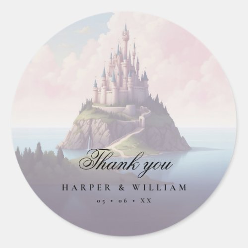 Fairytale castle wedding thank you classic round sticker