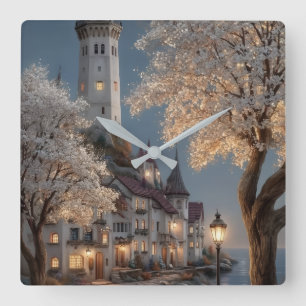 Fairytale Coastal Castle & Blooming Trees Wall  Square Wall Clock