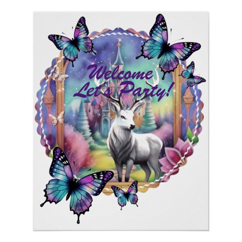 Fairytale Colorful Watercolor White Stag Poster