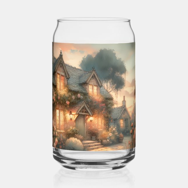 Fairytale Cottage at Sunset with Roses Can Glass (Front)