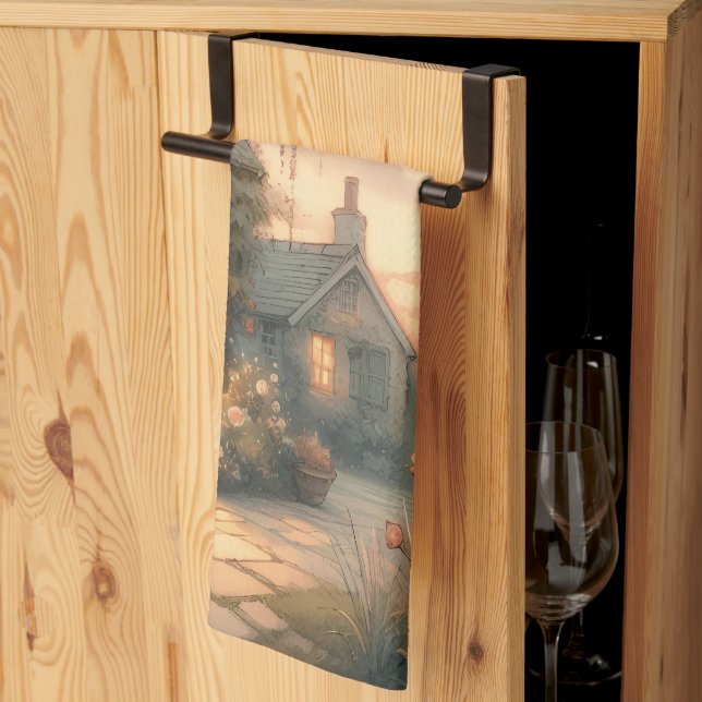 Fairytale Cottage at Sunset with Roses Kitchen Towel (Thirds Fold)
