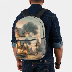 Fairytale Cottage at Sunset with Roses Printed Backpack