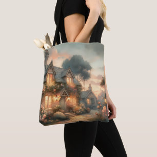 Fairytale Cottage at Sunset with Roses Tote Bag